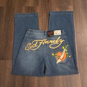Y2K NWT Ed Hardy Brave Hearts Stay True Eagle Wide Leg Jeans Med Vintage Wash